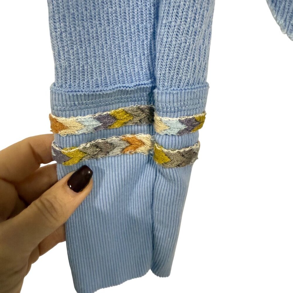 Free People We the Free Rainbow Embroidered Thermal Long Sleeve Blue Top Size XS - Picture 4 of 10